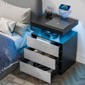 Hommpa LED Nightstand Wireless Charging Station USB Type C Outlets Bedside Table 3 Drawers Black Night Table Modern Smart Nightstand High Gloss End Side Table for Bedroom Furniture 26.8" Tall