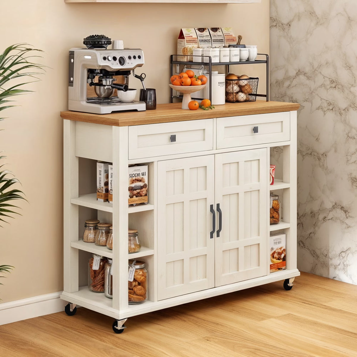 Uforic Kitchen Island Cart, Kitchen Storage Cart with Drawers & Storage Shelves, Off - White
