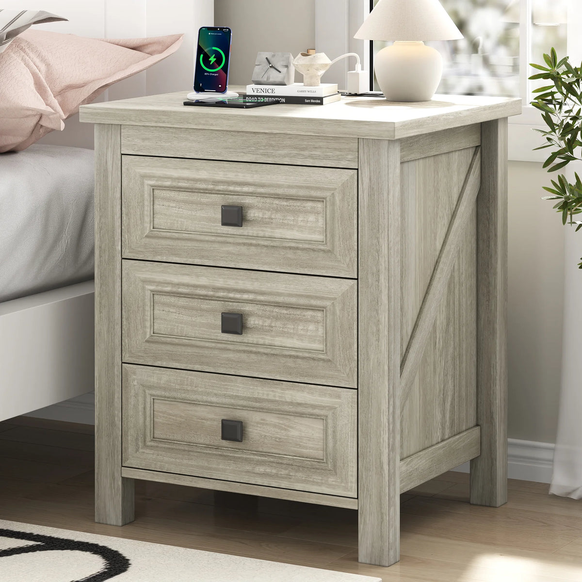 IDEALSOUL Nightstand, Bedside Table with Charging Station, Farmhouse 3 Drawer Nightstand Rustic Night Stand End Tables for Bedroom Living Room, Gray