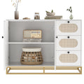 Homfa 3 Drawers Accent Storage Cabinet, 34.2"h Gold Buffet Sideboard with Rattan Doors for Living Room, White