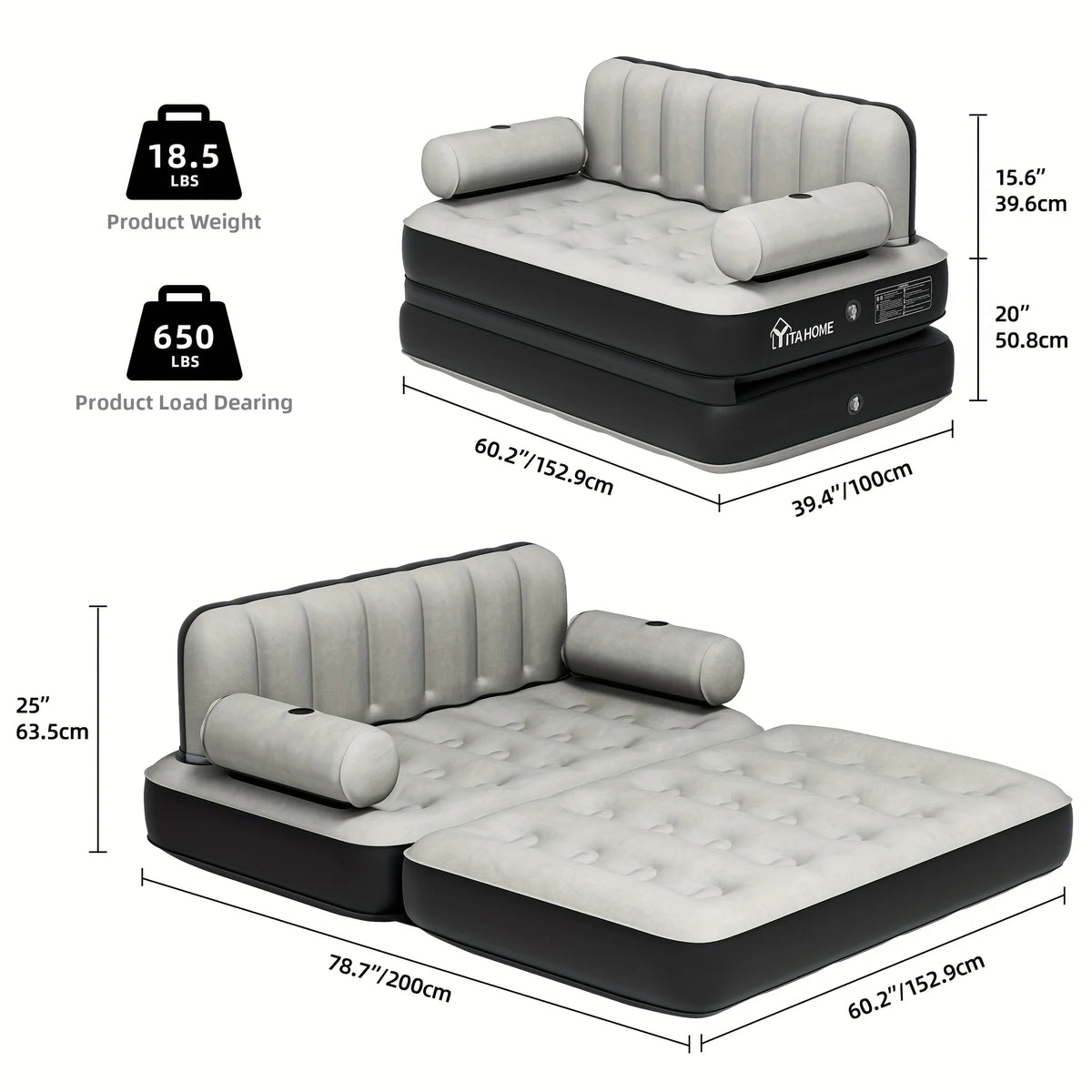 Inflatable Air Sofa Bed 2 - in - 1 Backrest Couch Airbed with Headboard and Pump Convertible Blow up Bed Mattress for Home, Camping, and Guests, Living Room Furniture, Queen Size