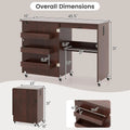 Folding Sewing Table with Charging Station, Rolling Craft Table w/ 3 Storage Trays & Shelf, Mobile Sewing Machine Cabinet for Small Spaces