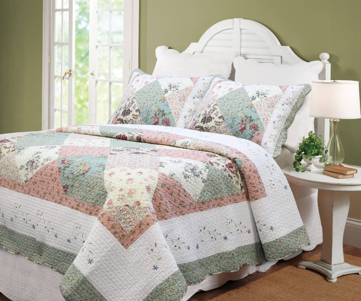 Cozy Line Home Fashions Floral Real Patchwork Tiffany Green Peach Scalloped Edge Country 100% Cotton Quilt Bedding Set, Reversible Coverlet Bedspread