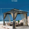 10x10 Hardtop Gazebo with double metal roof, aluminum frame, net, and curtain. All-weather, ideal for patio, deck, garden, backyard. Khaki.