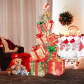 5.6FT Lighted Gift Box Tower, 15 Pre-Lit Stacked Boxes with 450 Warm White Lights, Metal Base & Ribbons, Indoor/Outdoor Christmas Light-Up Decoration
