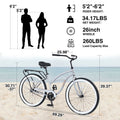 26 in Beach Cruiser Bike, Single Speed Bicycle with Steel Frame, Wide Wheels and Rear Coaster Brakes, Comfortable City Commuter Bike for Adult Men, Silver