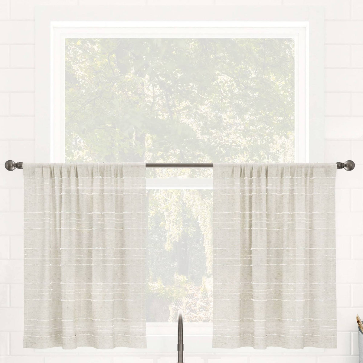 Clean Window Textured Slub Stripe Anti-Dust Linen Blend Sheer Cafe Curtain Pair - 52" x 36"