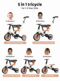 Newyoo TR008 5 - in - 1 Toddler Tricycle with Push Handle, Converts to Balance Bike for 1 - 3 Year Old, Khaki
