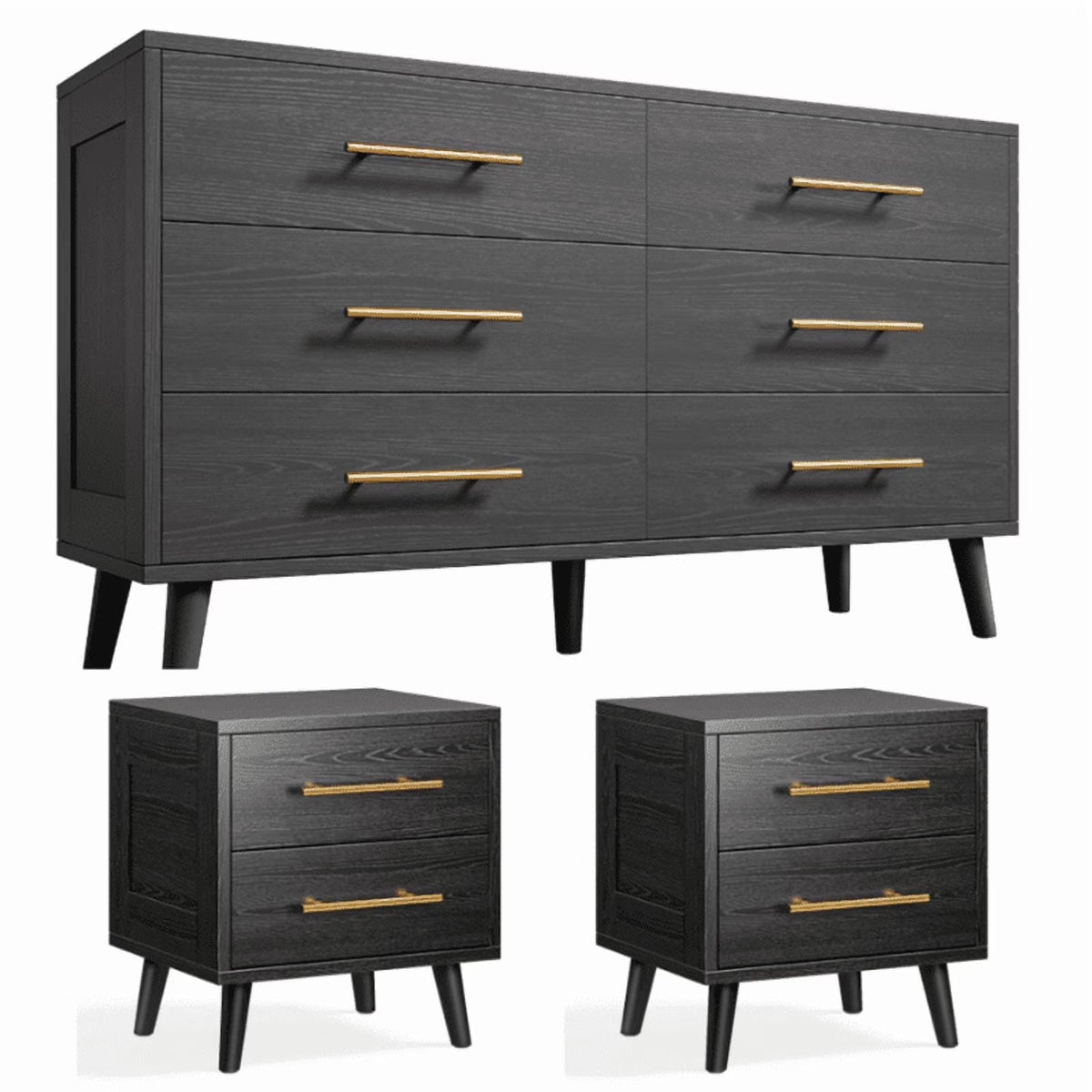 Noelse 3 Piece Bedroom Furniture Set, 6 Drawer Dresser with 2 Nightstands, Modern Wood Storage Organizer with Metal Handles for Bedroom, Living Room, Black