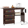 Folding Sewing Table with Charging Station, Rolling Craft Table w/ 3 Storage Trays & Shelf, Mobile Sewing Machine Cabinet for Small Spaces