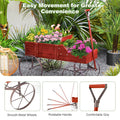Rustic Wooden Wagon Planter, Decorative Garden Flower Cart with Metal Wheels & Adjustable Handle, Large Raised Bed Plant Stand for Patio Yard