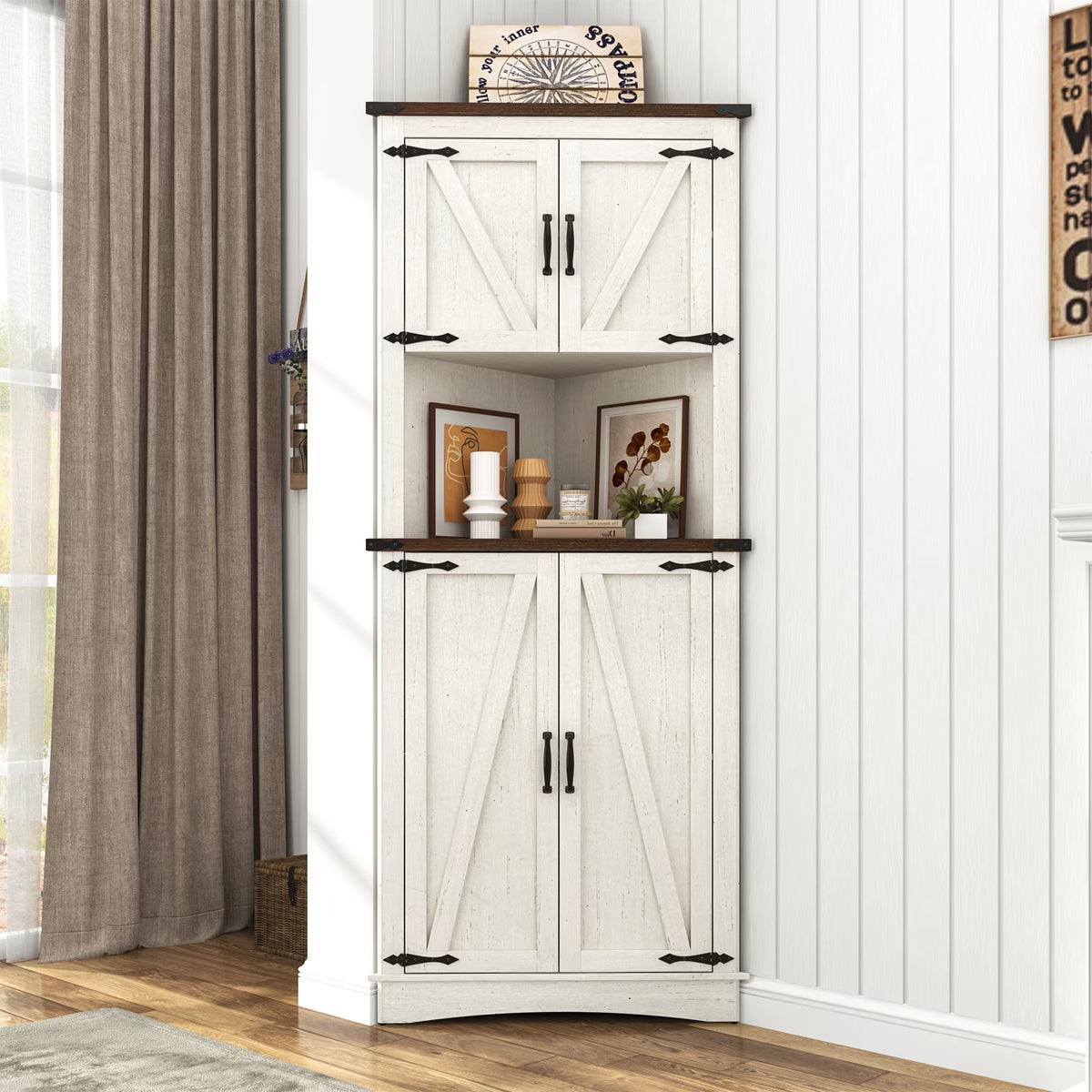 Blotout 68" Tall Farmhouse Corner Cabinet with 4 Doors, 28.3" W Barn Door Storage Cabinet with Adjustable Shelves, 5 Tier Corner Storage Cabinet for Bathroom, Living Room, Kitchen