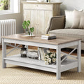 Moasis Farmhouse Coffee Table with Storage 2 - Tier Center Table for Living Room Grey Wash Top+White