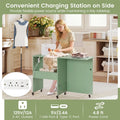 Folding Sewing Table with Charging Station, Rolling Craft Table w/ 3 Storage Trays & Shelf, Mobile Sewing Machine Cabinet for Small Spaces