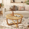 Round Wood Coffee Table with Glass Rattan Top, Wooden Circle Center Table with Curved Legs & Removeable Tempered Glasstop, Cocktail Table for Living Room, Light Brown 32.28" x 18.15"