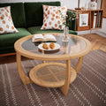 Round Wood Coffee Table with Glass Rattan Top, Wooden Circle Center Table with Curved Legs & Removeable Tempered Glasstop, Cocktail Table for Living Room, Light Brown 32.28" x 18.15"