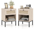 Boho Rattan End Table Nightstand Set of 2 with Drawer, Open Storage Shelf, Living Room, Bedroom, Oak