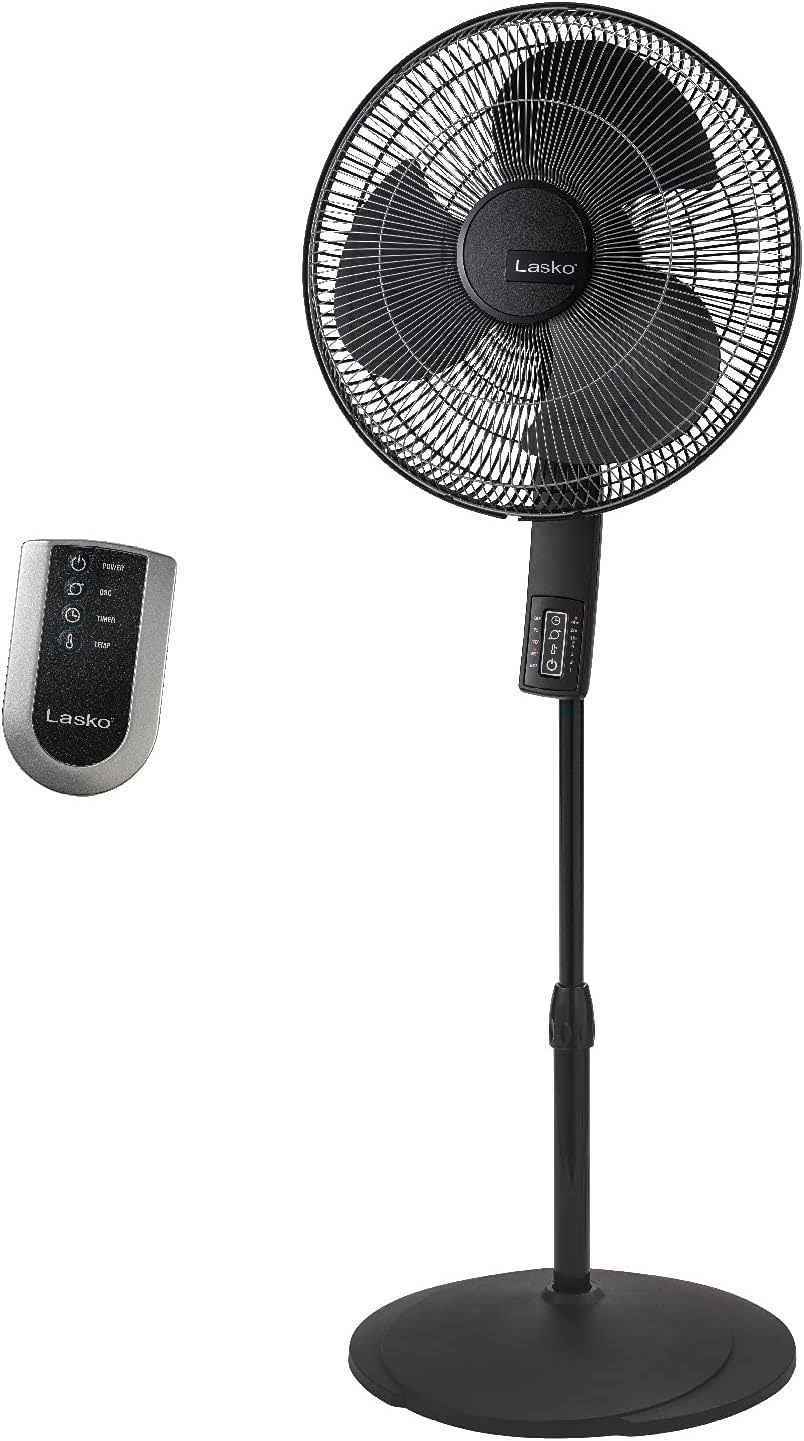 Lasko Oscillating Pedestal Fan, Thermostat, Adjustable Height, Remote Control, Timer, 4 Speeds, for Bedroom, Living Room, Office & Dorm, 16", Black,