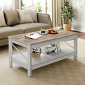 Moasis Farmhouse Coffee Table with Storage 2 - Tier Center Table for Living Room Grey Wash Top+White