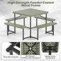 4-8 Person Outdoor Picnic Table Bench Set, All-Weather HDPE Square Dining Table with Umbrella Hole, 4 Benches & Metal Frame for Patio Backyard