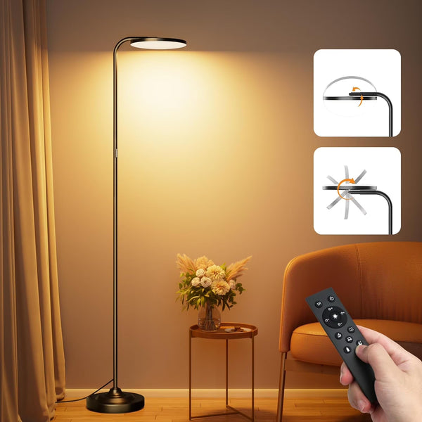 36W LED Floor Lamp, Super Bright Standing Lamp, Modern Stepless Dimmable Torchiere Tall Lamp with Remote Control, 350rotating Head Reading Floor Lamp for Living Room, Bedroom, Office