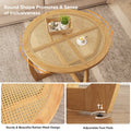 Round Wood Coffee Table with Glass Rattan Top, Wooden Circle Center Table with Curved Legs & Removeable Tempered Glasstop, Cocktail Table for Living Room, Light Brown 32.28" x 18.15"