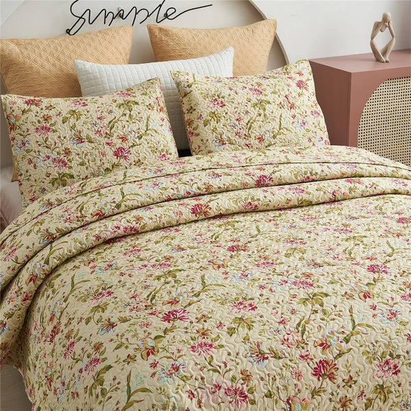 3-Piece Printed Reversible Bedding Quilt Set - Vintage Floral - Queen