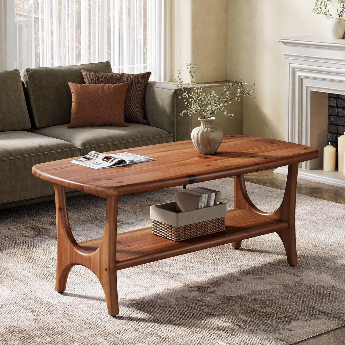 Fimind Solid Wood Coffee Table, 47.24" Mid - Century Modern Rectangle Center Table with 2 - Tier Storage Shelf for Living Room, Small Space