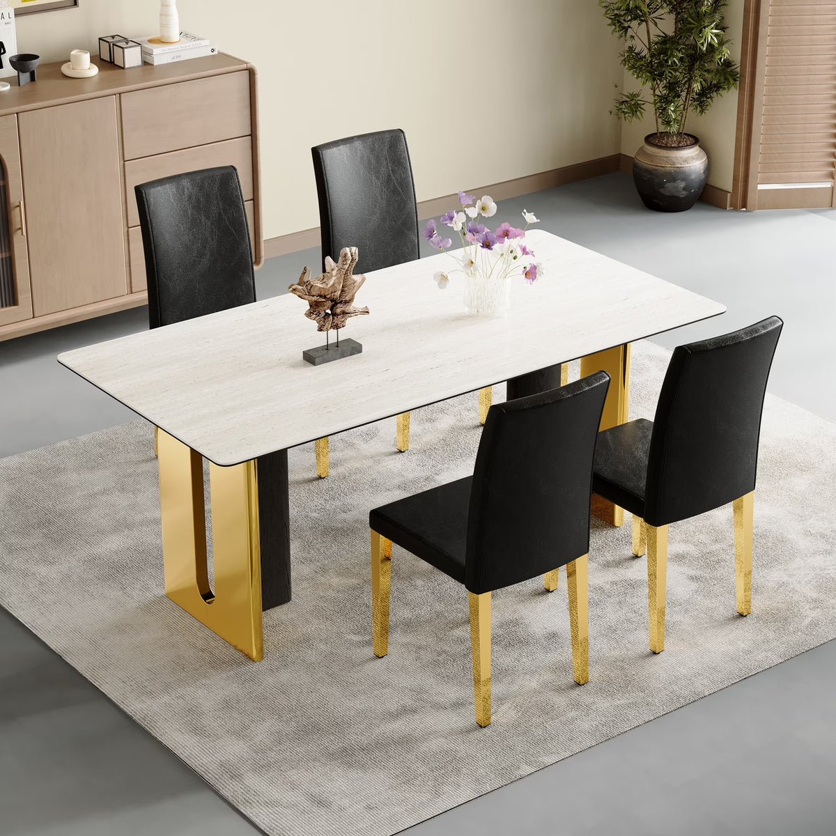 Set of 4 Black PU Leather Backrest Chairs with Gold Metal Legs - A Perfect Pairing, Ideal for Minimalist and Modern Home Decor Styles, with Product Dimensions of 16.2*18.5*34.6 in