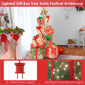5.6FT Lighted Gift Box Tower, 15 Pre-Lit Stacked Boxes with 450 Warm White Lights, Metal Base & Ribbons, Indoor/Outdoor Christmas Light-Up Decoration