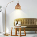 SUNMORY 72 in Arched Rattan Floor Lamp, Fabric Retro Boho Farmhouse Rustic Standing Lamp for Living Room, Bedroom, Office, 9W & Foot Switch & 3 Color Temperature, Gold