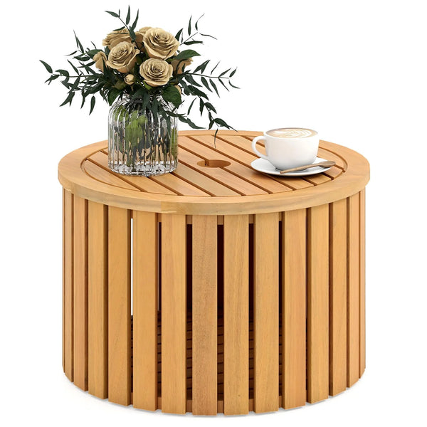 2-in-1 Outdoor Side Table with Storage Acacia Wood Slatted Coffee Table Round Slatted End Storage Box