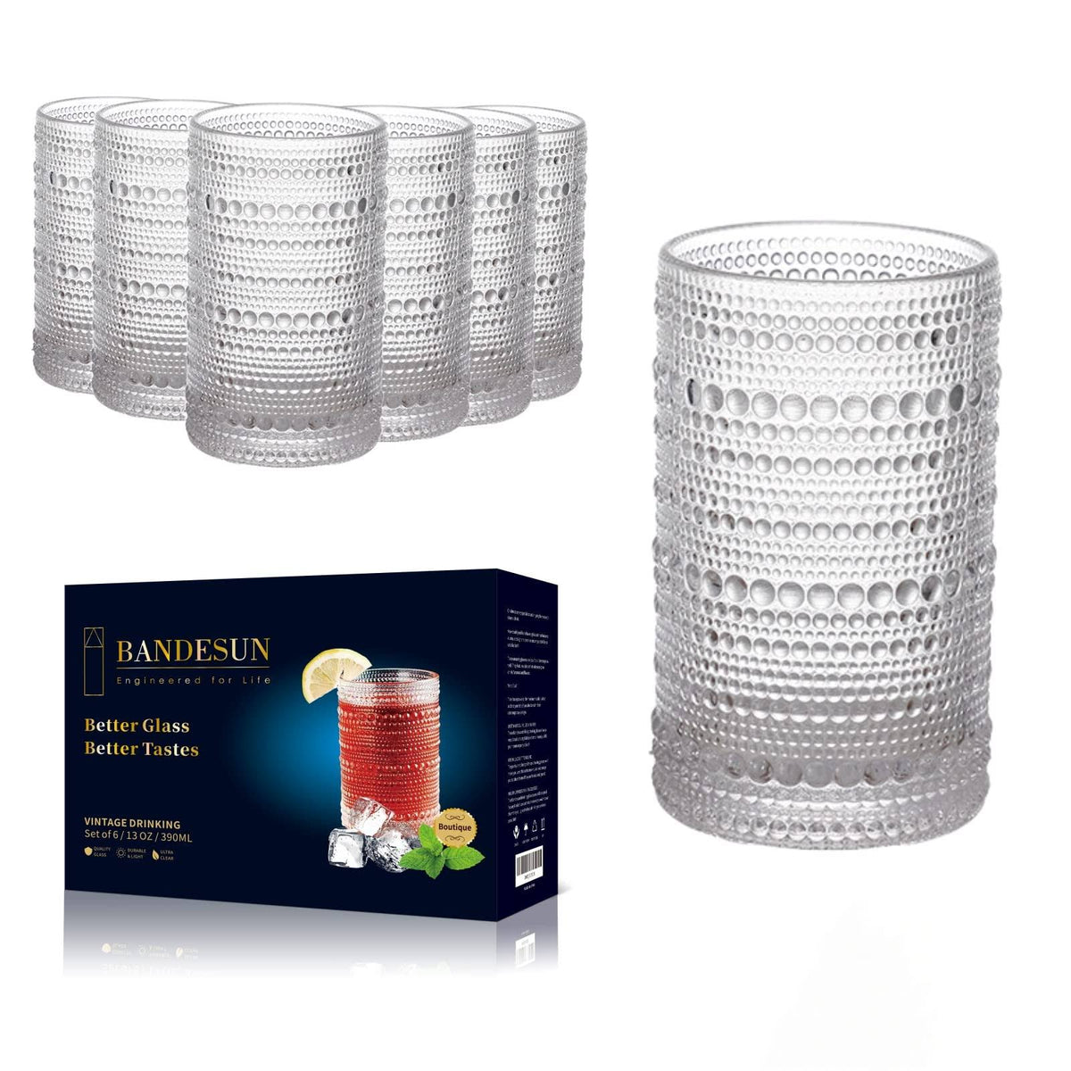 Bandesun Romantic Highball Glasses Set of 6, 12 oz Hobnail Glassware, Embossed Vintage Drinking Glasses for Beer, Cocktail, S