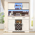 LAFGUR 72" Kitchen Storage Cabinet with Power Outlet & LED Light, Coffee Bar Cabinet with Drawers & Wine Glass Rack, Sideboard for Home, White