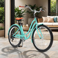 Uforic24'' Beach Cruiser Bike, 7 - Speed, Step - Through Bicycle for Men & Women, Steel Frame, Mint Green