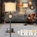Farmhouse Metal Tray Floor Lamp for Living Room with Nightlight Vintage Tall Lamp with Linen Fabric Shade Industrial Standing Lamp for Bedroom Office Home House Study (Bulb Included)