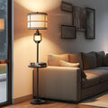 Farmhouse Metal Tray Floor Lamp for Living Room with Nightlight Vintage Tall Lamp with Linen Fabric Shade Industrial Standing Lamp for Bedroom Office Home House Study (Bulb Included)