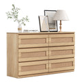 Garvee Rattan Dresser for Bedroom 6 Drawer, Double Dresser with Anti - Tip Kit, Wood Storage Wide Chest of Drawers for Bedroom, Living Room, Hallway, Oak Color