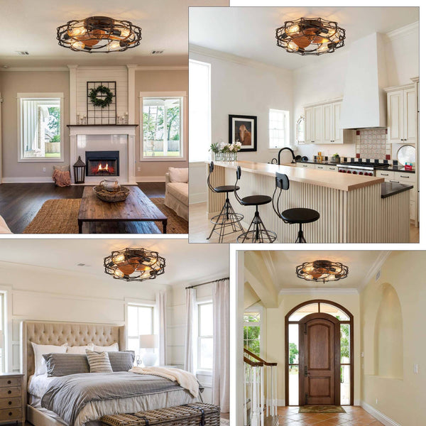 20 in. Modern Farmhouse Ceiling Fan Light with Remote 4-Light Black Cage Wood Grain Rustic Indoor Fandelier for Bedroom - Black Flush Mount Light