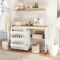Folding Sewing Table with Charging Station, Rolling Craft Table w/ 3 Storage Trays & Shelf, Mobile Sewing Machine Cabinet for Small Spaces