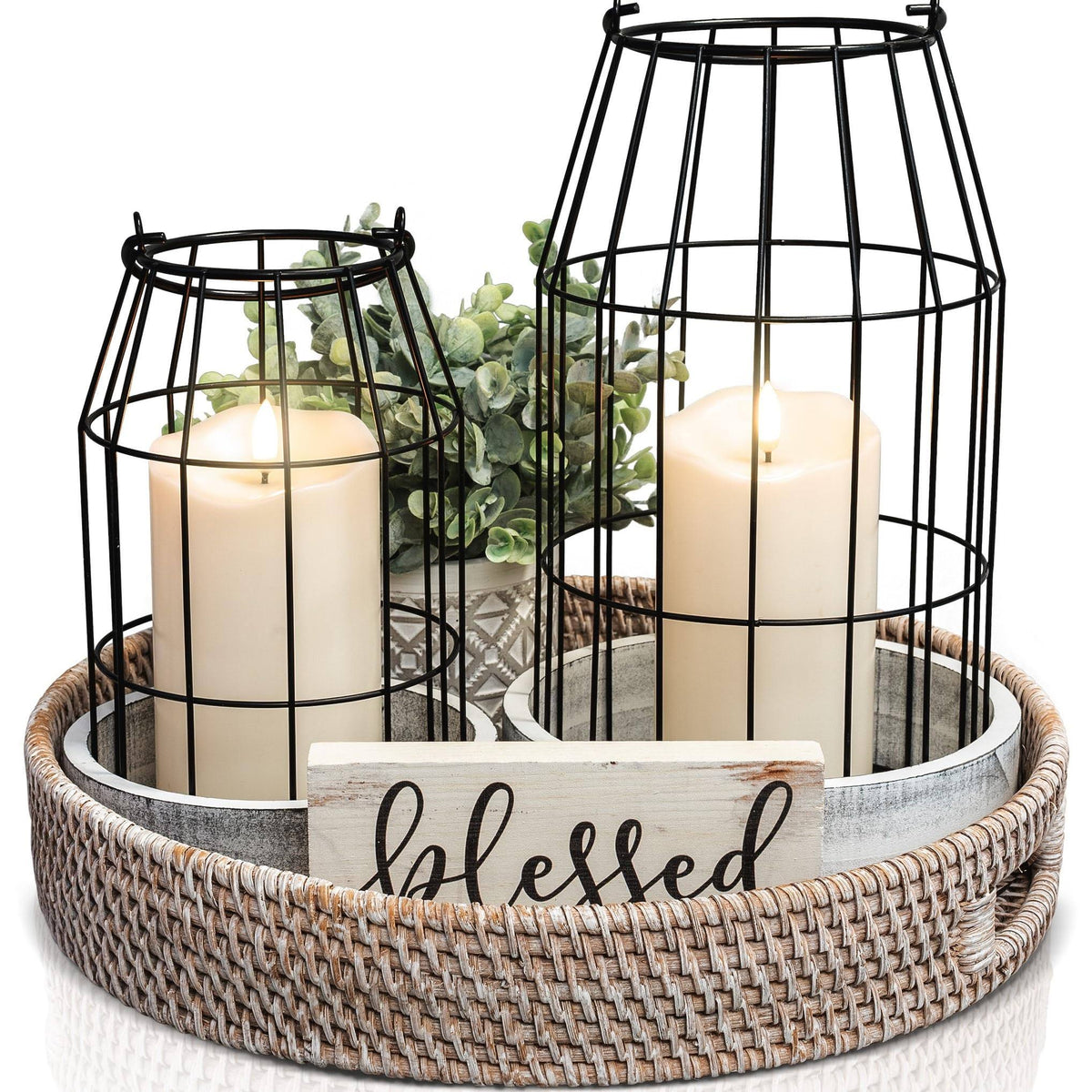 Rustic Farmhouse Lantern Decor - Stylish Decorative Lanterns for Your Living Room, Fireplace Mantle or Kitchen Dining Table - Modern Upscale Beauty
